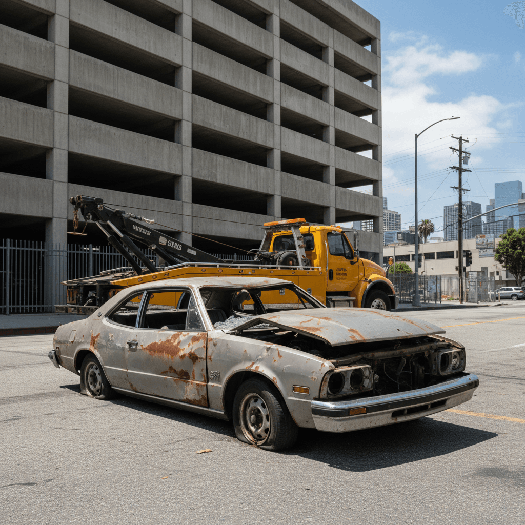 Heavily damaged junk car ready for removal