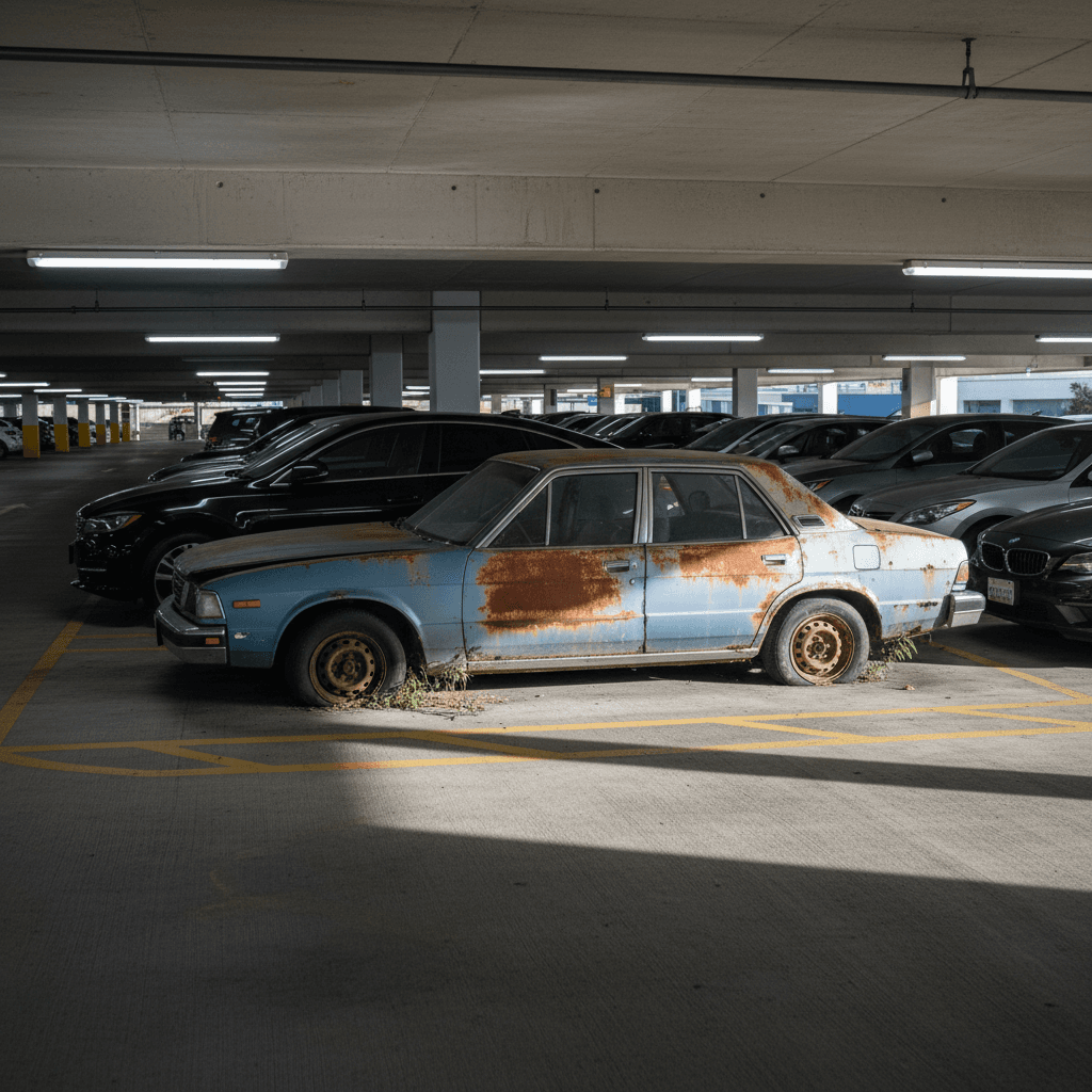Abandoned junk car parked in multilevel LA parking structure