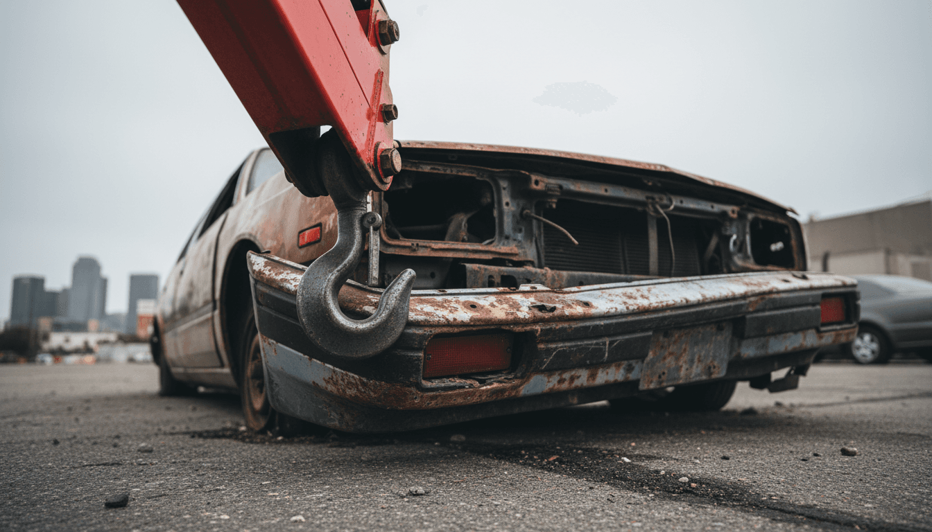 Professional tow truck securing a junk car for removal in Los Angeles
