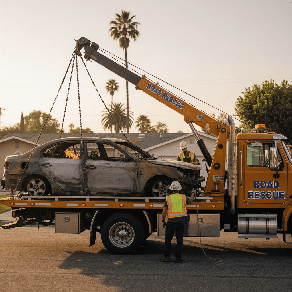 Professional tow truck removing fire-damaged car with experienced operator