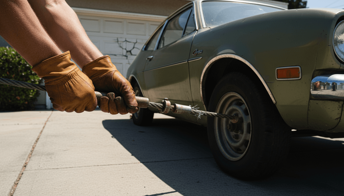 Tow truck operator securing a junk car for removal