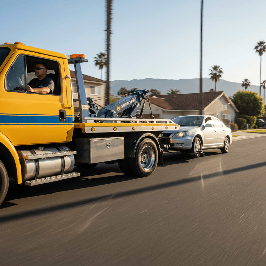Tow truck removing a junk car from a Los Angeles street