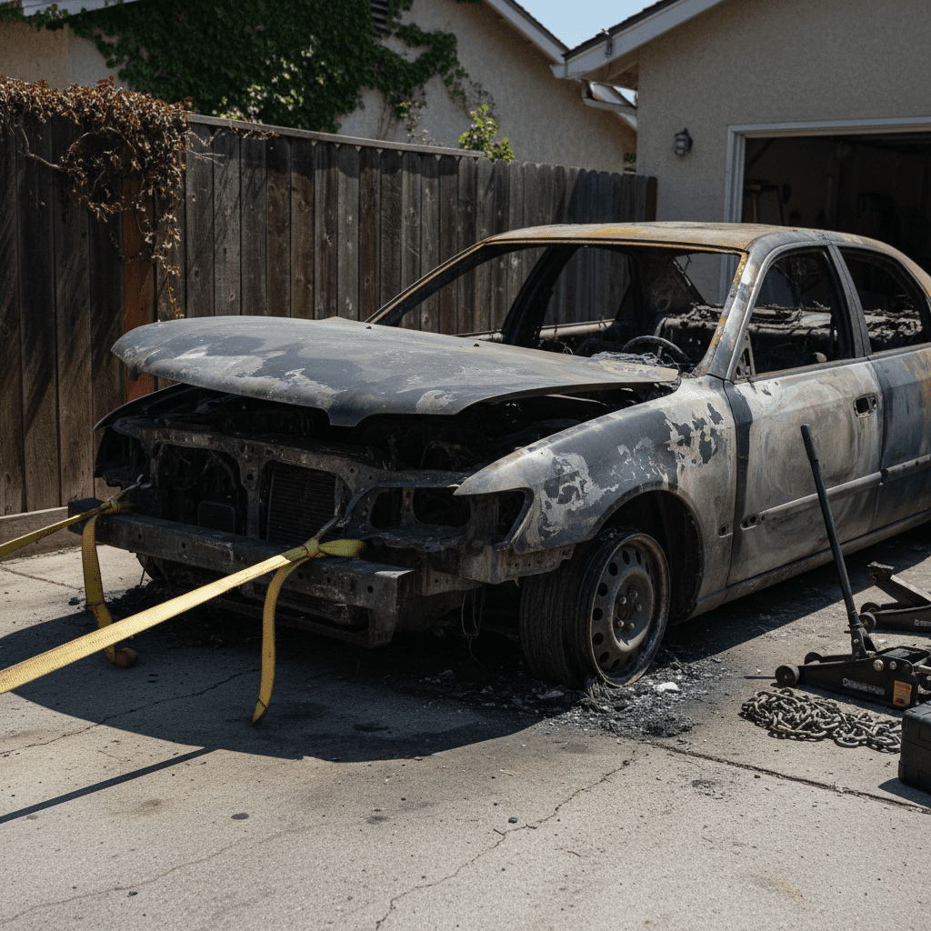 Fire-damaged junk car ready for removal with towing equipment visible