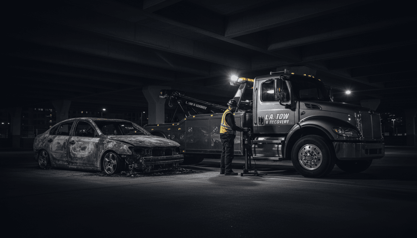 Professional tow truck removing a damaged junk car with fire damage in Los Angeles