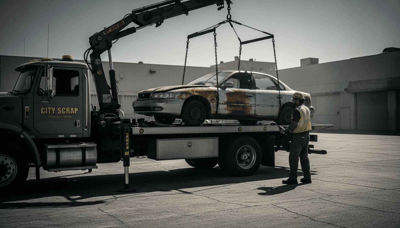 Professional junk car removal on flatbed tow truck in Los Angeles