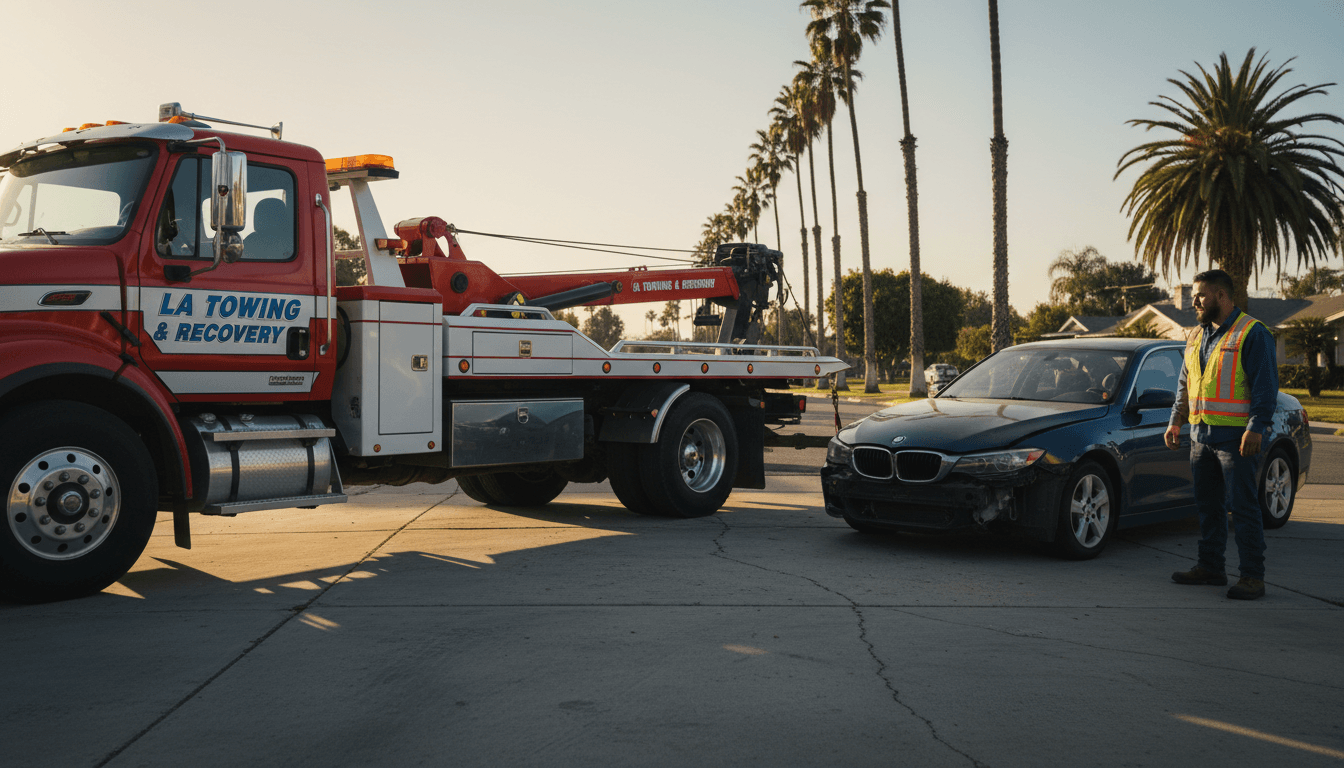 Professional tow truck operator securing a junk car for removal in Los Angeles
