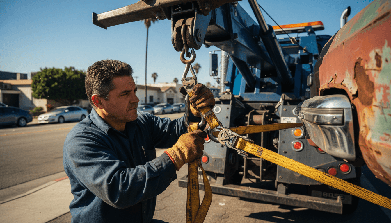 Tow truck operator securing a junk car for removal in Los Angeles