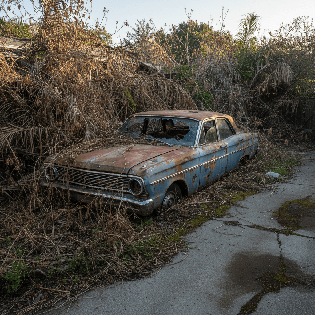 Junk car buried in overgrown backyard with weeds and debris