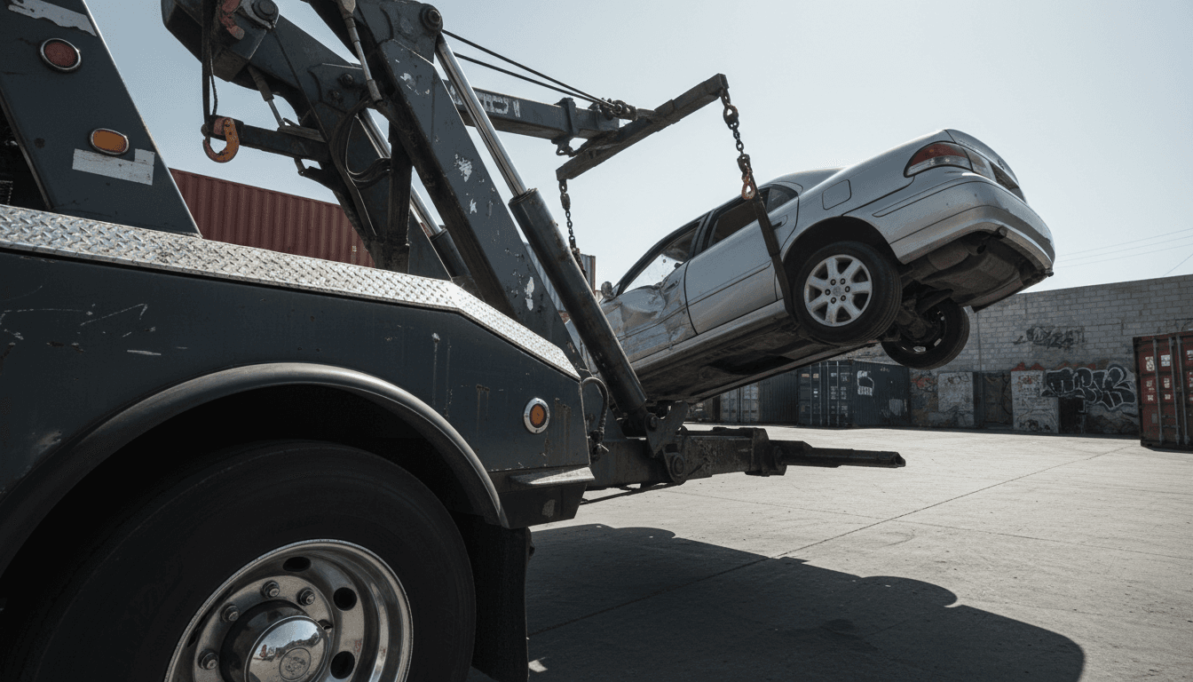 Tow truck lifting a damaged junk car during professional removal in Los Angeles